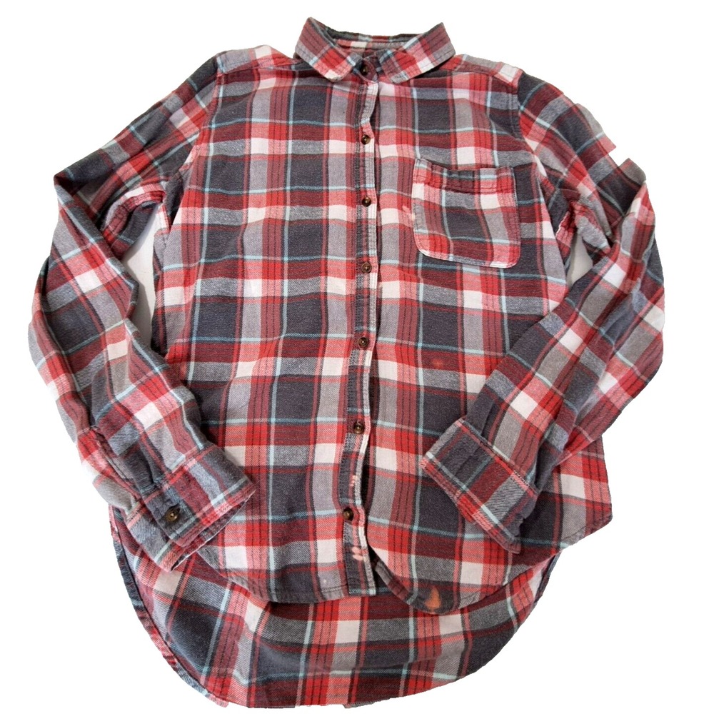 Hollister VTG Y2K‎ Plaid Flannel Shirt Women's Medium Red Gray Cream Chore Barn